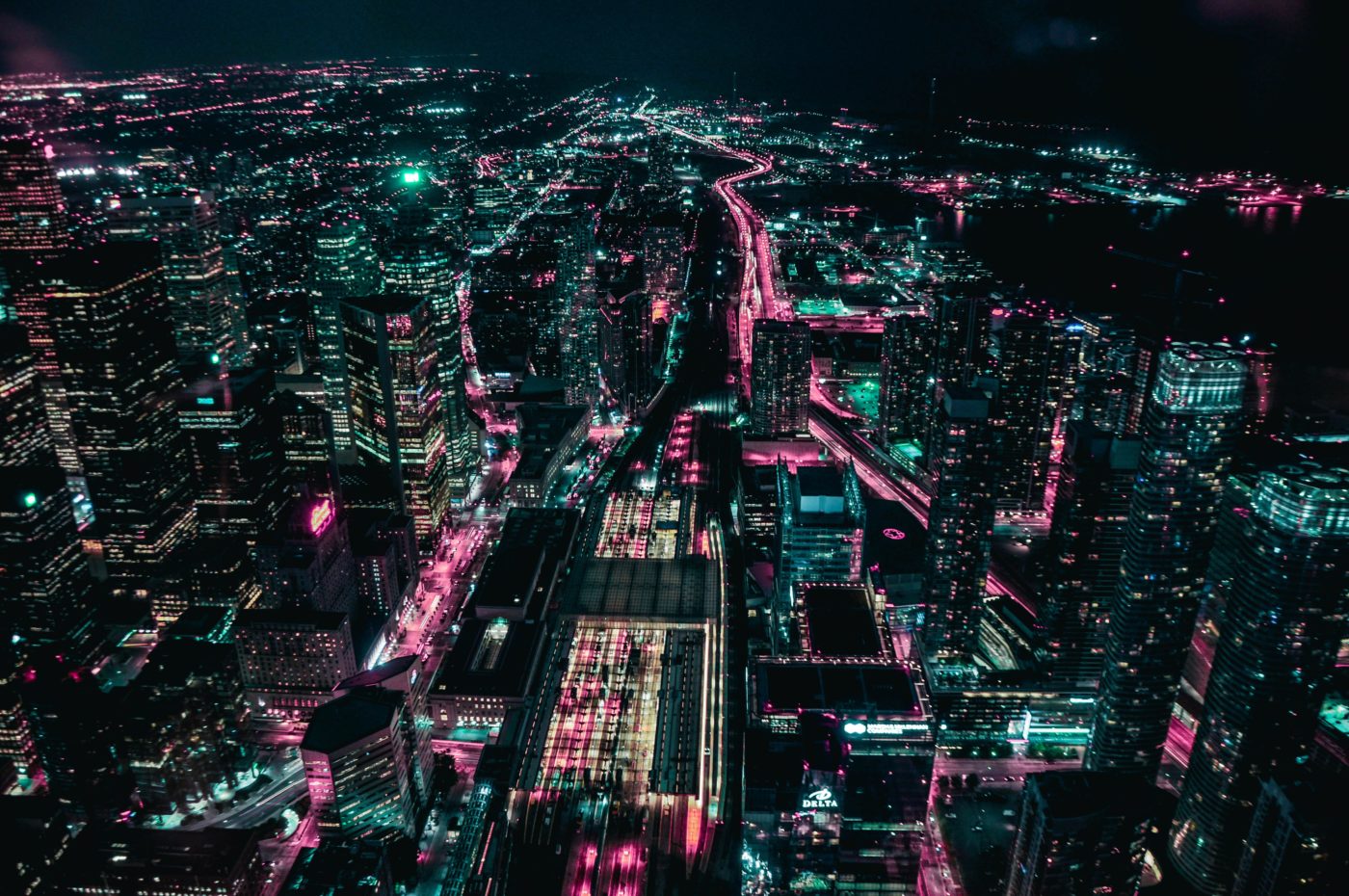 aerial view of a city downtown at night