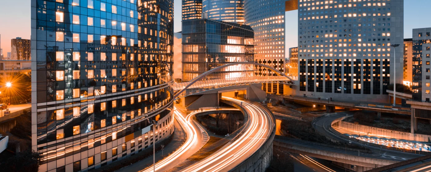 Traffic moving through buildings