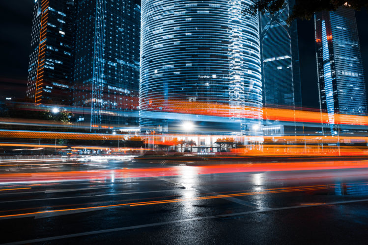 the light trails on the modern building background