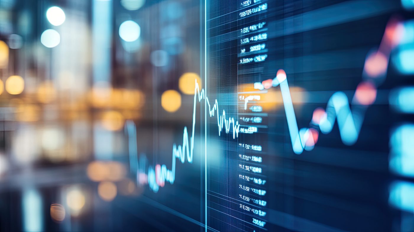 Close-up of digital screen showing financial news ticker with stock market charts. Federal Reserve, interest rate,up, down, interest rate hike,trade war, Market volatility, AI-generated